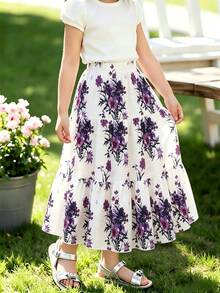 Spring/Summer Bohemian Vacation Style Ditsy Floral Elastic Waist A-Line Maxi Skirt, Country Style Ditsy Floral Elastic Waist A-Line Maxi Skirt - Purple - View 1