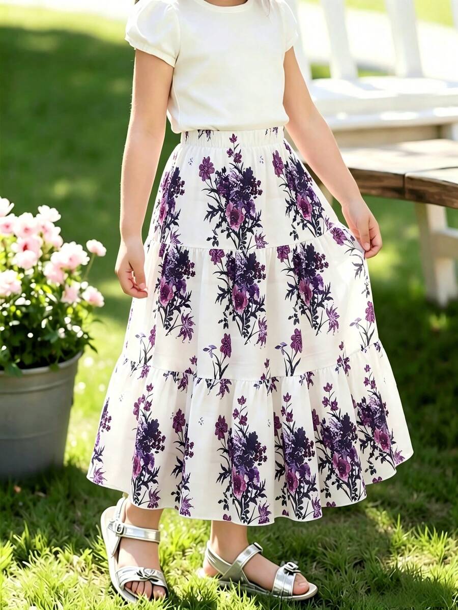Spring/Summer Bohemian Vacation Style Ditsy Floral Elastic Waist A-Line Maxi Skirt, Country Style Ditsy Floral Elastic Waist A-Line Maxi Skirt - Purple - View 1