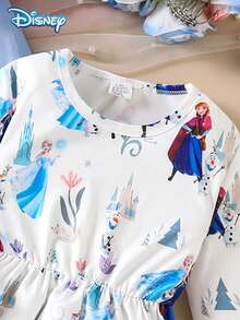 2Pcs [Official Disney Licensed]Disney Frozen Autumn/Winter Girls Dress Set, Featuring Elsa And Anna Cartoon Patterns, Slightly Elastic, Suitable For Girls' Daily Wear, Great Gift - Blue and White - View 4
