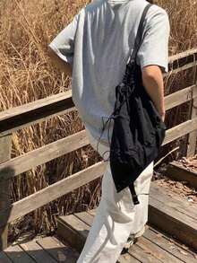 時尚純色PU休閒包，適合度假、旅行、上學，適用於大學生與青少年 - 黑色 - 查看 3