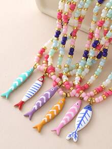Fashionable Stainless Steel Colorful Small Fish Pendant Necklace Bohemian Style Colorful Pearl Collar Chain For Women - Multicolor - View 3