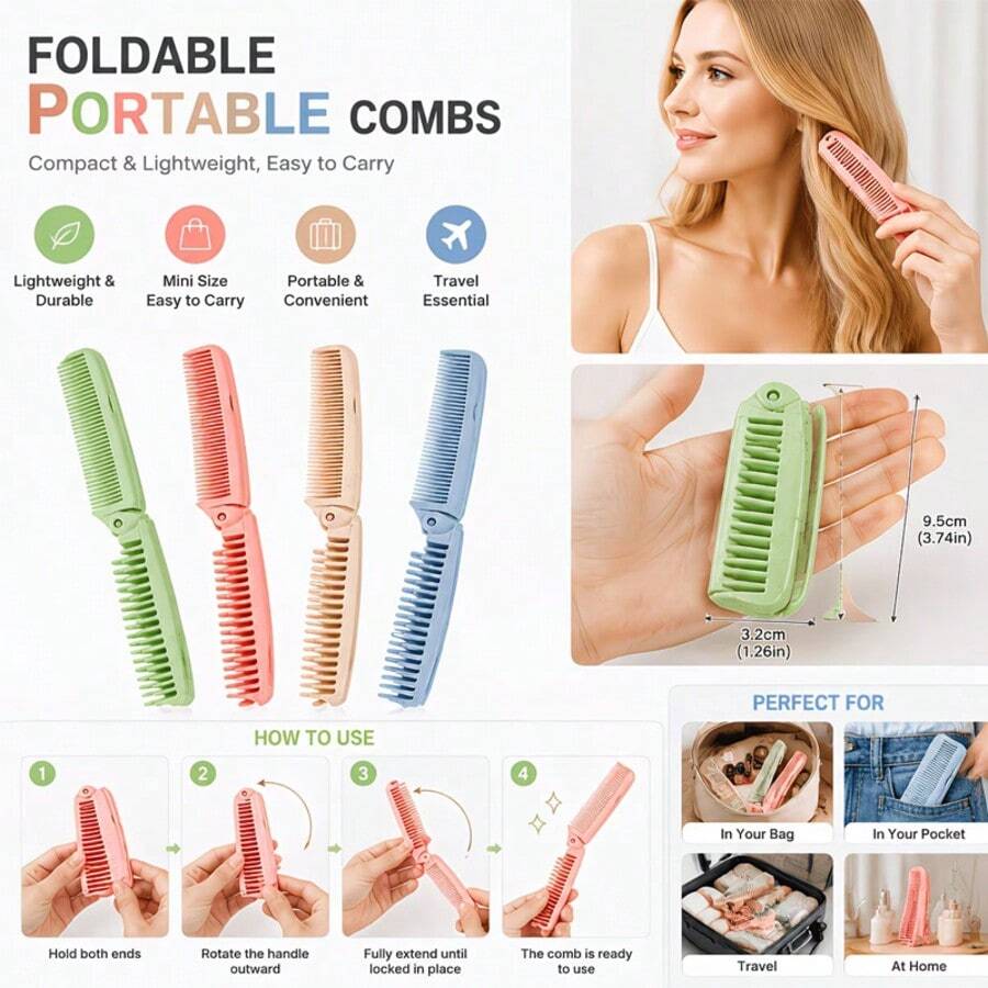 4 buah Sisir Lipat Portabel, Sisir Rambut Lipat Saku Dua Kepala Bergigi Halus, Cocok untuk Penggunaan Perjalanan Sehari-hari, Ukuran Kecil Nyaman Dibawa, Acak - beraneka warna - View 1