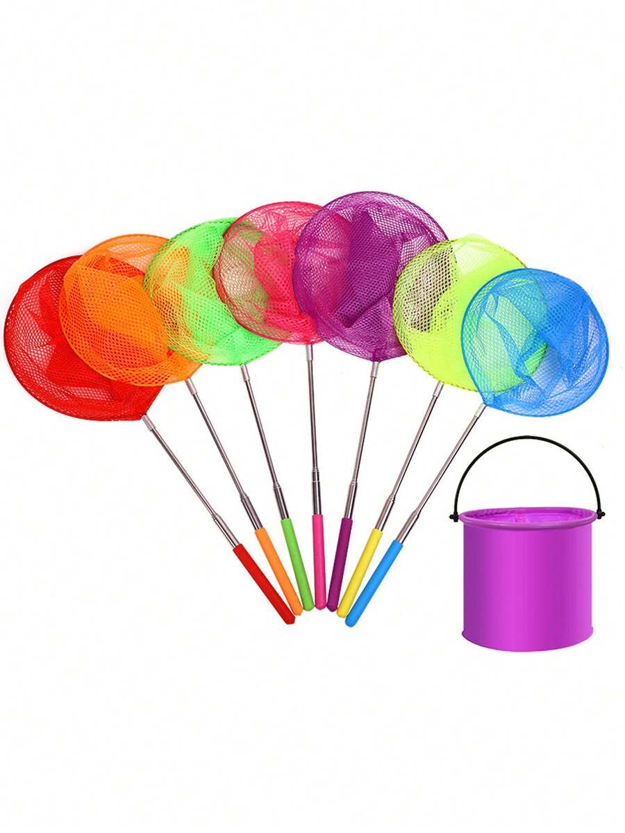 1/2 piezas/Set de pesca de verano al aire libre con cubo plegable & redes telescópicas, cubo plegable multifuncional, red de playa, red de cuchara mini colorida (herramienta de limpieza de piscina), diseño portátil ligero, color aleatorio, adecuado para pesca en la playa, camping, tr - Multicolor - Ver 1