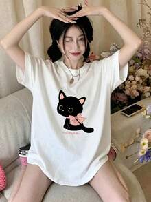 夏季新款 Gen Z 風格女款可愛小貓印花圓領短袖休閒白色 T 恤 - 白色 - 查看 3