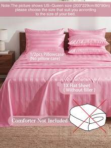 2/3Pcs Satin Striped Bed Sheet Set, Soft & Breathable, Wrinkle-Resistant, (1 Flat Sheet + 1/2 Pillowcases, No Filling) Suitable For All Seasons, Soft & Comfortable, Ideal For Dorm Students, Home Bedroom, Guest Room, Multi-Color Soft & Durable, Extra Large Bedding, Suitable For Travel And Dorm - Pink - View 2