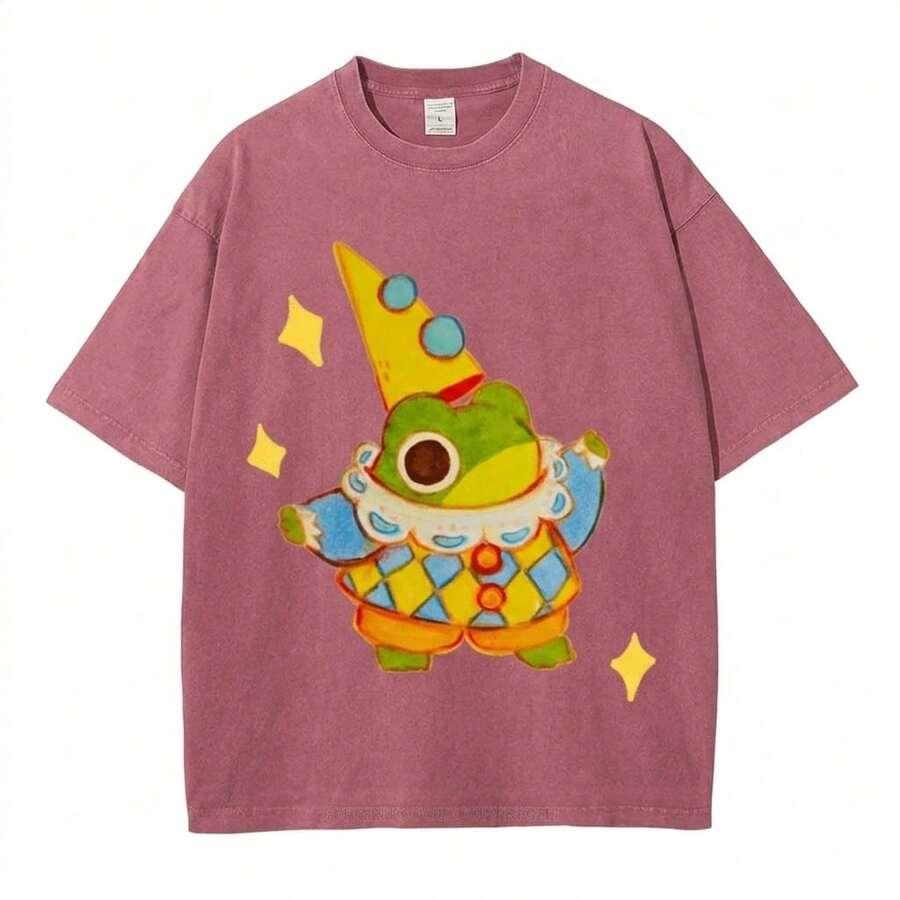 Summer Tops 100% Cotton, Funny Clown Frog Print T-Shirt, Suitable For Daily Wear, A Must-Have For The Beach, Cute Cartoon Pattern, Unisex, Perfect Gif - DG100-RE01 - 查看 1