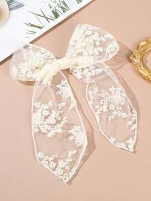 1件優雅時尚溫柔百搭米色蕾絲花朵蝴蝶結彈簧髮夾，適合日常通勤佩戴 - 米色 - 查看 6
