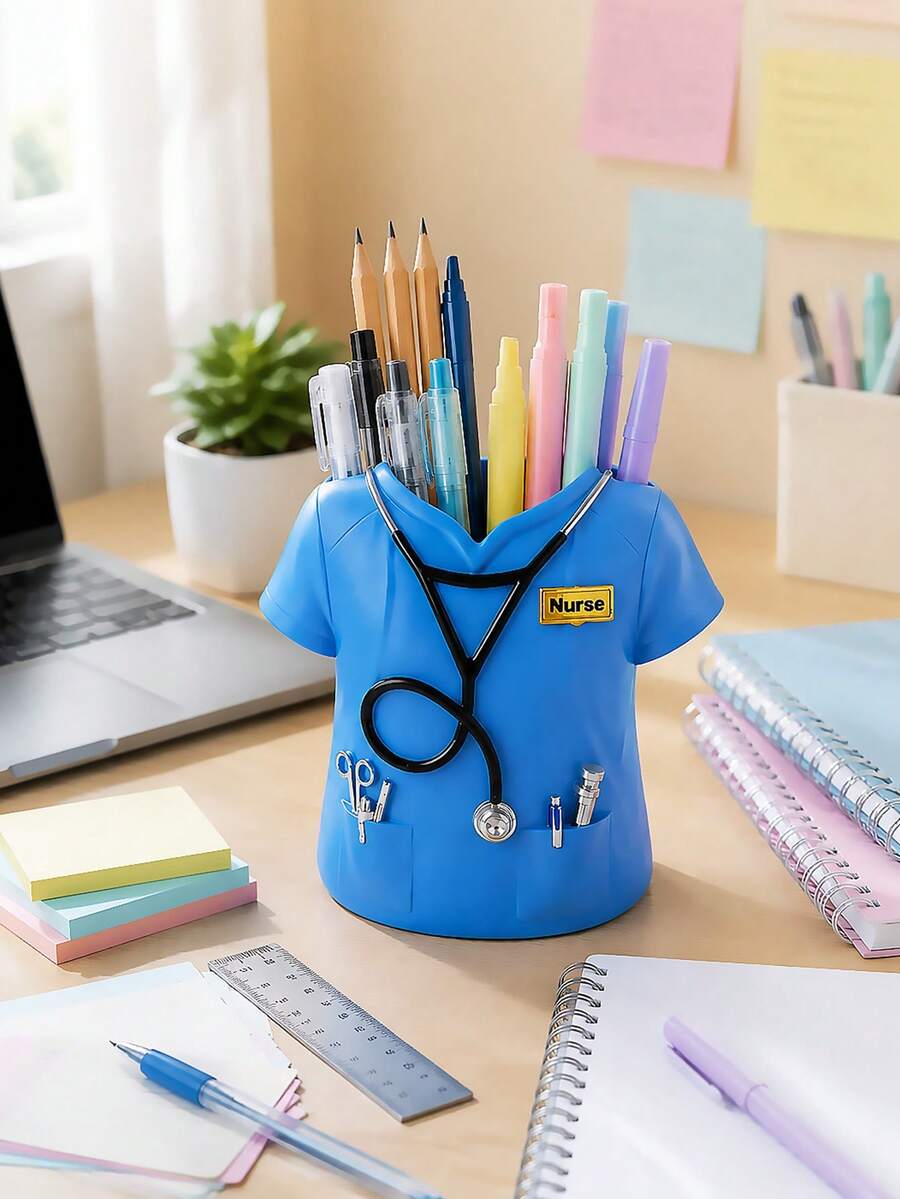 Resin Material Doctor Blue Scrub Pen Holder, Cute Medical Theme Desktop Storage Rack - Perfect For Decorating Doctor, Nurse Office, Clinic And Home Study, Durable And Sturdy, Ideal Gift For Medical Student Graduation, Perfect Accessory To Keep Desk Organized, Unique Gift For Healthcare Professionals - Multicolor - View 1