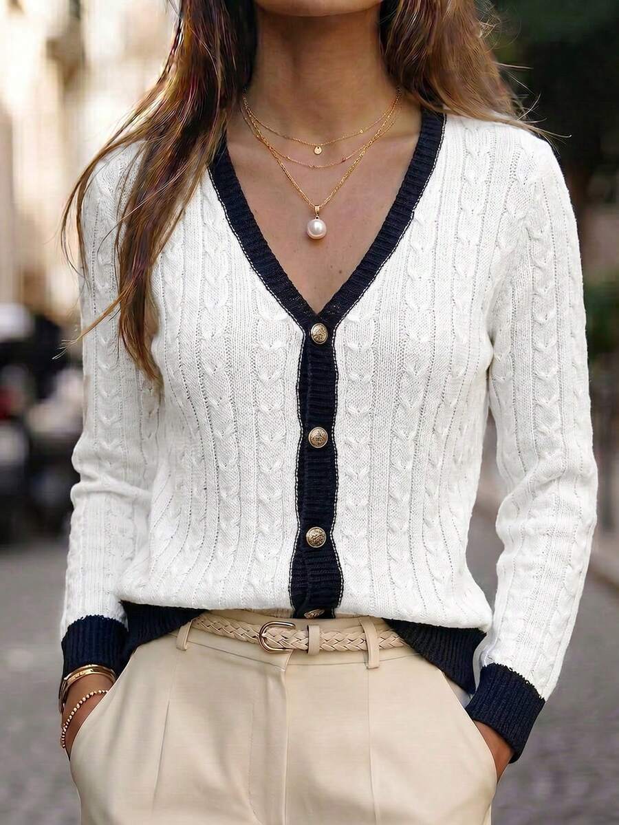 Women Fall Winter Going Out Outfits Y2K Black White Preppy-Style Cable-Knit V-Neck Sweater, Casual Striped Color-Block Cardigan