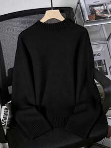 Autumn/Winter Casual Solid Color Ribbed Daily Sweater Black Fall - Black - View 3