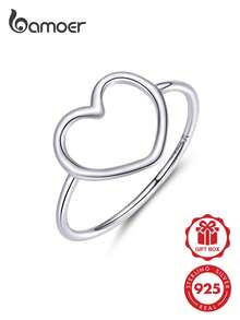 BAMOER Hypoallergenic 925 Sterling Silver Minimalist Hollow Heart Thin Stackable Band Ring Wedding & Banquet For Women - Silver - View 2