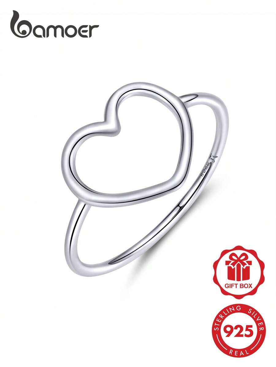 BAMOER Hypoallergenic 925 Sterling Silver Minimalist Hollow Heart Thin Stackable Band Ring Wedding & Banquet For Women