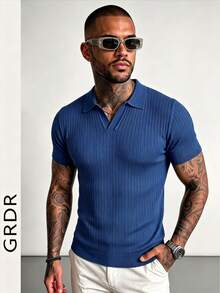 GRDR Men's Summer Airplane Collar Ribbed Solid Color Short Sleeve Knit Sweater, Suitable For Summer Outings, Essential For Fashionable Styling - Royal Blue - View 4