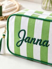1pc Personalized Embroidered Makeup Bag, Customized Name Striped Cosmetic Bag, Bridesmaid Gift, Travel Toiletry Bag, Customized Jewelry Storage Bag, Valentine's Day Gift, Christmas Gift - Multicolor - View 9