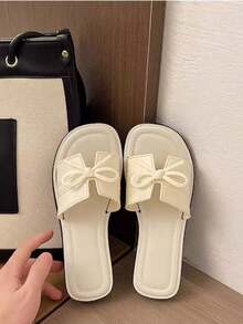 1雙女款蝴蝶結方頭平底白色涼鞋，四季通用戶外室內百搭休閒鬆弛拖鞋，海灘度假浪漫一腳蹬，輕量時尚通勤鞋，甜美學生風 - 米白色 - 查看 2