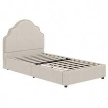 Upholstered Bed, Single Bed, Children's Bed 90 X 200 Cm, Bed With Upholstered Headboard, Linen, Beige - Beige - View 6