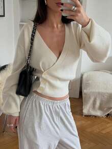 Just Masa Women's Fall Casual Button Up V Neck Sweater Pullover,Solid Color Bishop Sleeve Sexy Tight Hem Rib-Knit Top,For Date,Daily Wear,Going Out - White - View 6