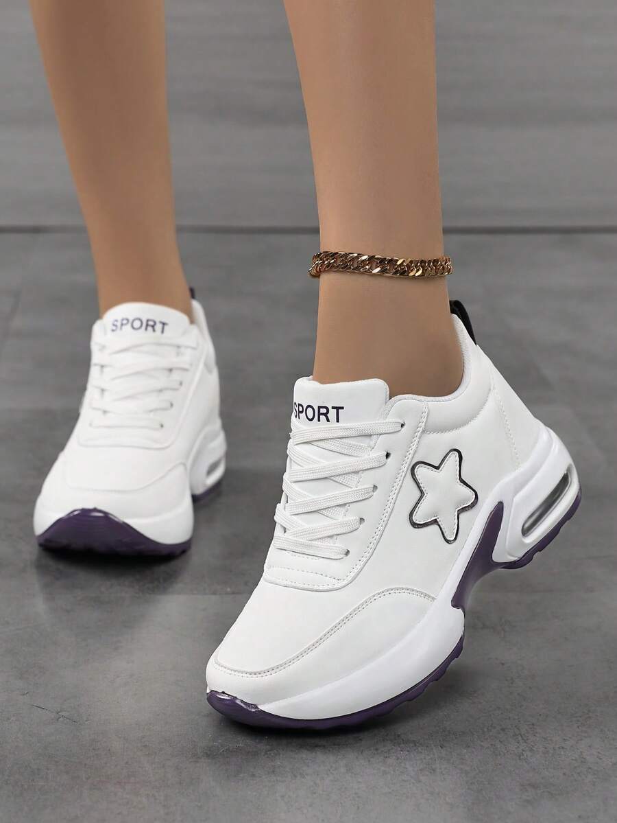 Women's Casual Sports Shoes, New Retro Five-Point Star Pattern Fashion Casual Shoes, Comfortable Shock-Absorbing Air Cushion Sports Shoes, Thick Sole Inner Height Increase, 8CM Height Increase - White Purple - View 1