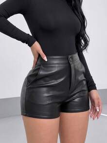 SMILE CHIC Versatile Black Elastic PU Skinny Shorts, Accommodating Design With Slant Pockets And Buttons, Suitable For Daily Wear, Parties And Dates, Suitable For All Seasons Summer - Black - View 2
