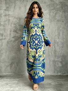 Women's Autumn/Winter Arabic Traditional Turkish Long Dress, A-Line Long Kaftan Robe Jalabiya Vacation Fall - Blue - View 11
