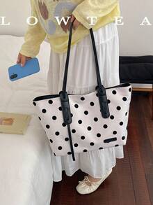 Low Tea 1pc Contrast Color Canvas Fabric Shoulder Bag Women's Casual Large Capacity All-Over Polka Dot Pattern Tote Bag Dual Handle Design Zipper Closure Travel, Shopping, Dating, Women's Gift, Suitable For Teenage Girls, College Students, Beginners And White-Collar Workers, Perfect For Office, Campus, Work, Business, Commute, Outdoor, Travel, Outing - White - View 1