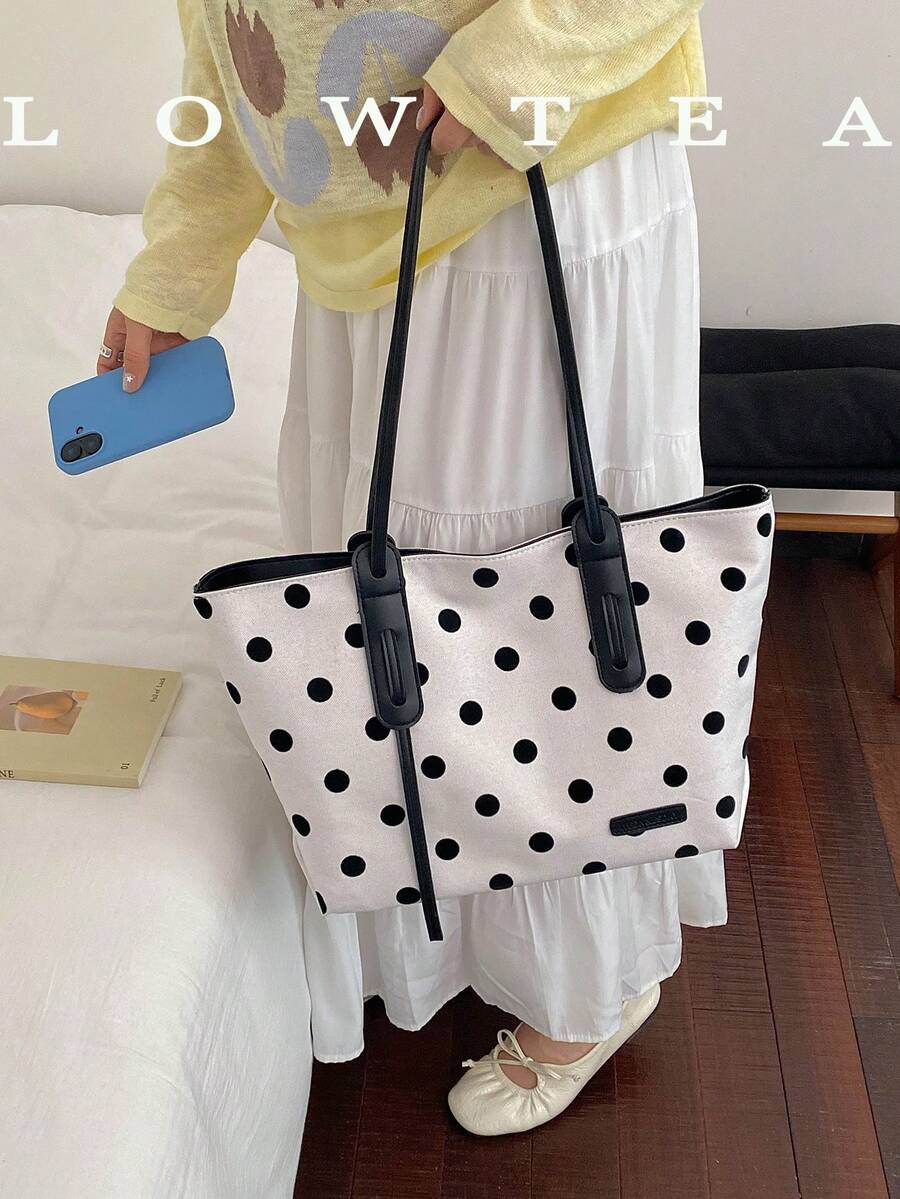 Low Tea 1pc Contrast Color Canvas Fabric Shoulder Bag Women's Casual Large Capacity All-Over Polka Dot Pattern Tote Bag Dual Handle Design Zipper Closure Travel, Shopping, Dating, Women's Gift, Suitable For Teenage Girls, College Students, Beginners And White-Collar Workers, Perfect For Office, Campus, Work, Business, Commute, Outdoor, Travel, Outing - White - View 1