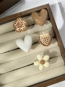 5pcs Unique Exquisite Creative Checkerboard, Brown Floral, Strawberry, Heart Ring Set, Suitable For Women's Holiday Party Date Daily Wear Gift - Brown - View 7