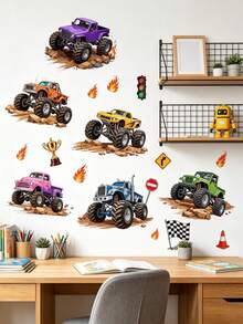 Wall Decals With Monster Trucks In Watercolor, Pink And Purple, Stickers For Boys' Toddler Rooms - Multicolor - View 1