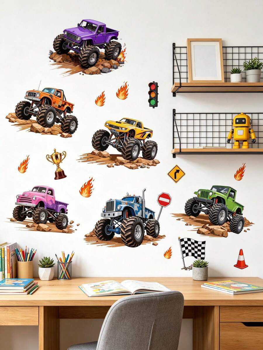 Wall Decals With Monster Trucks In Watercolor, Pink And Purple, Stickers For Boys' Toddler Rooms - Multicolor - View 1