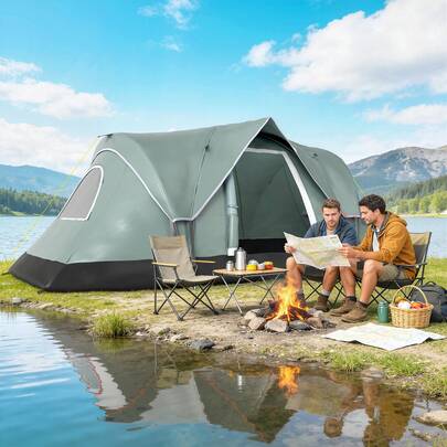 Outsunny 5 Person Outdoor Camping Tent, Large Family Tent With Lighting Hook, Carrying Bag For Camping, Hiking And Travelling, 15' L X 7.2' W X 6' H, Green