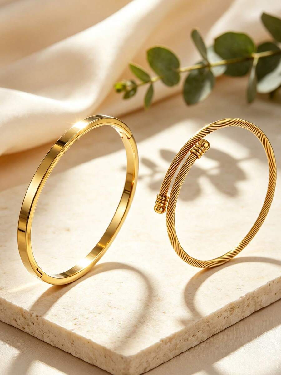 VceTd 2PCS Vintage Style Stainless Steel Women's Bracelets With Plain Circle Design And Shiny Finish, Suitable For Couples Dating, Best Friends Gathering Or Holiday Gift For Friends - Yellow Gold - View 1