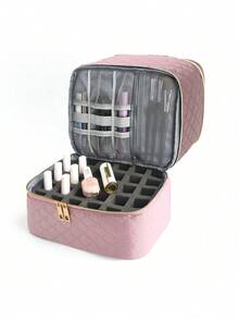 Double Layer Cosmetic Storage Box With Removable Nail Polish Organizer Insert, Large Capacity Makeup Storage Bag, Suitable For Travel, Vanity, Salon And Home Use - Pink - View 7