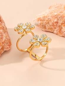 Light Luxury Full Rhinestone Five-Petal Flower Ring, Gold-Plated Crystal Flower Open Ring, Fashionable Elegant Adjustable Stackable Finger Ring Accessory - Gold - View 4