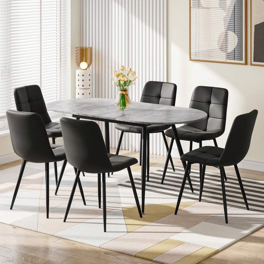 Extendable Dining Table And Chairs Set Of 6, Oval Mable Effect Table With Upholstered Chairs For Dining Room