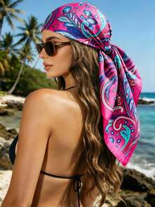 Pañuelo cuadrado de satén con estampado de cachemira colorido, diadema multifuncional para mujer, pañuelo para el cuello, pañuelo para la cintura, pañuelo para la cabeza, adecuado para vacaciones en la playa, bikini y decoración de ropa, estilo bohemio - Multicolor - Ver 2