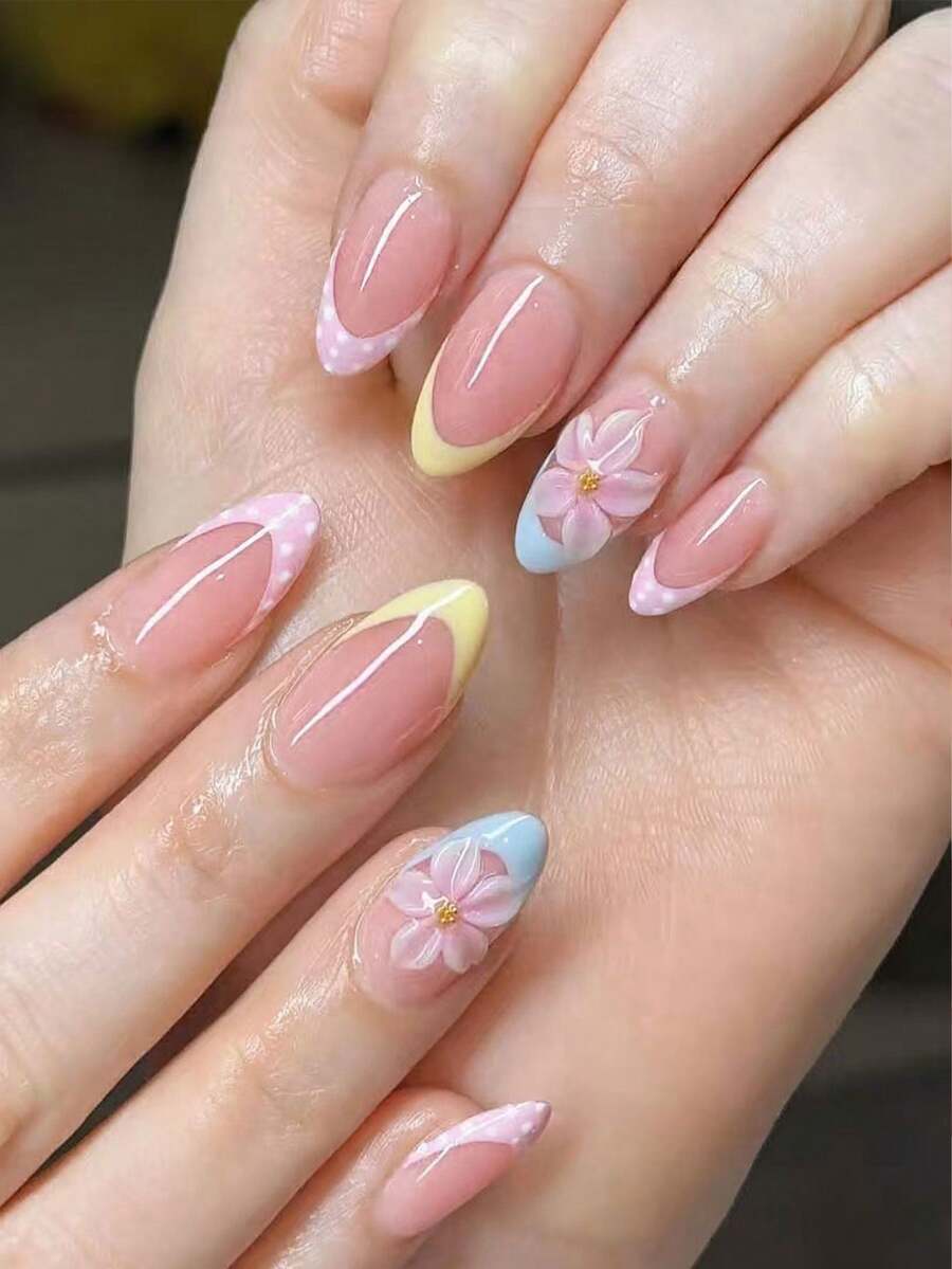 30片杏仁形3D凝膠美甲貼片,花朵與波點設計,法式美甲美甲套組附珍珠裝飾,含1瓶果凍膠與1個指甲锉,適合女性日常工作、度假與派對美甲使用 - 彩色 - 查看 1