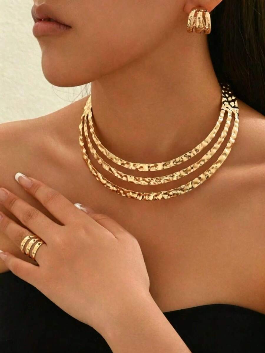 4pcs Fashion Minimalist New Metal Style Gold Stud Earrings, Ring, Necklace Personalized Party Set - Yellow Gold - View 1