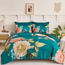 3 Pieces Brown Floral Print Comforter Doona Sets Double Queen King Bedding Set With 2 Pillowcases,3Pcs Soft & Comfortable Botanical Flower Lightweight Quilted Bedding Set With Polyester Filling,Room Decor,Machine Washable,All Season,Wedding Gift - Brown - View 18