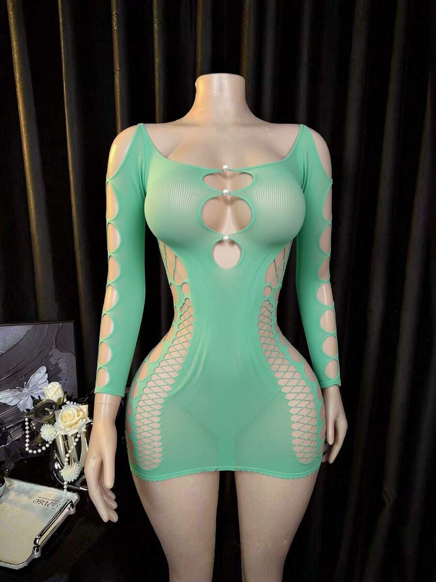 Plus Size Women Solid Color Cutout Design Long Sleeve Sexy Elastic Fishnet Lingerie Dress - Mint Green - View 1