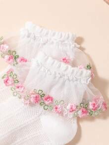 1/4雙春夏女童/嬰兒白色蕾絲襪、粉色蕾絲刺繡花朵荷葉邊襪、可愛時尚網眼透氣耐穿彩色蕾絲百褶襪，適合返校/生日派對/舞蹈表演/戶外活動，多種組合可選 - 彩色 - 查看 3