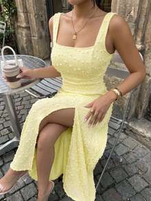 3D Polka Dot Textured Sexy Women's Dress, Summer French Pastoral Elegant Slit Women's Dress Yellow - Yellow - View 3