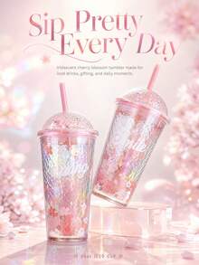 Cherry Blossom Water Cup, Glass Cup, Reusable Juice Cup, Iced Coffee Cup With Straw And Lid, Perfect Gift For Women, Friends, Sisters, Girlfriends, Ideal Gift For Mother's Day, Birthday And Party, Summer Hydration - Multicolor - View 3