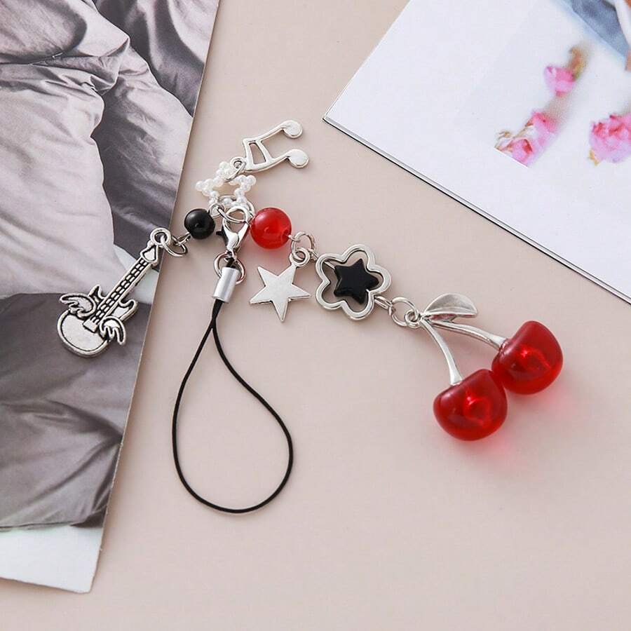 1pc Handmade Beaded DIY Sweet Cool Style Cherry Phone Chain Black Bow Knot Star Pendant Anti-Loss Lanyard Keychain Bag Charm CCD Lanyard - Multicolor - View 1