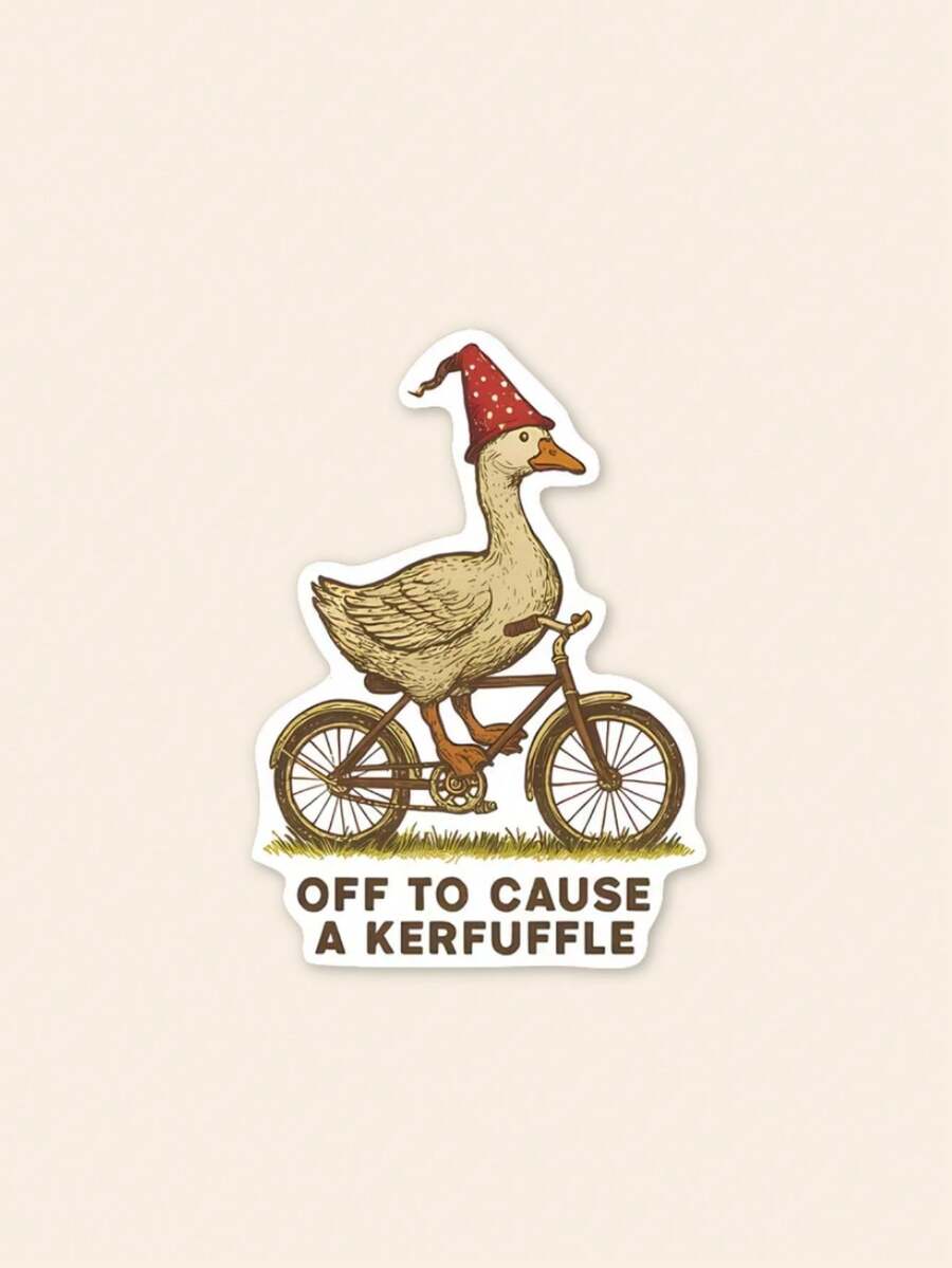 1 Piece Funny Whimsical Vintage Waterproof Vinyl Sticker Decal, Cottagecore Goose Riding Bicycle Kerfuffle Quote For Laptop Water Bottle Phone Case Kindle Journal, Cute Animal Meme Gag Gift For Friends Teens - Multicolor - View 1
