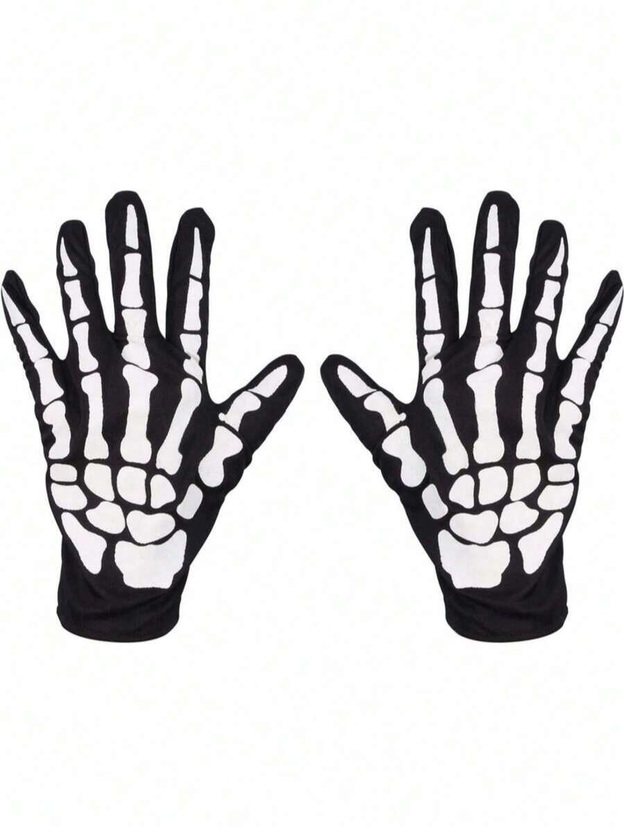 1 Pair Halloween Party Nylon Quilted Ghost Gloves, Skeleton Performance Gloves, Stage Performance Props, Suitable For All Seasons - A - View 1
