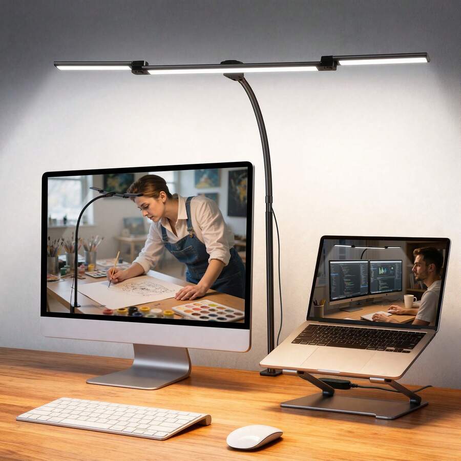 3-Head Gooseneck Office Desk Lamp, Eye-Protection Clip-On Desk Lamp With Clamp, Architect Work Lamp With Stepless Dimming, Computer Monitor Desk Lamp, 3-Head Adjustable Reading Study Work Desk Lamp, Black - Black - 查看 1