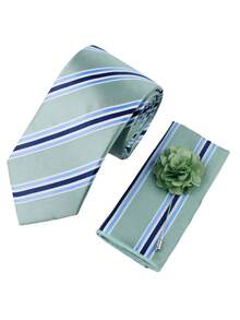 ZONFAZ 3pcs Men's Fashion Versatile Tie Set, 1 Mint Green Diagonal Striped Tie (7.5cm), 1 Pocket Square, 1 Floral Brooch Combination Set, Suitable For Weddings, Celebrations, Parties And Formal Occasions - Mint Green - View 5