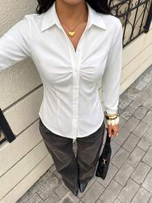 Women's White Long Sleeve Shirt Collar Top, Front Pleated Design, Regular Fit Woven Blouse, Elegant Fashionable Autumn Look, Academic Business Shirt Top, Elegant Office Fashion Minimalist Casual Wear - White - View 6