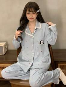 2pcs Women's Pajama Set, Open Front With Pocket, Cute Puppy Print, Fashionable Lapel Long Sleeve & Long Pants, Comfortable For Home Wear - Blue - View 1