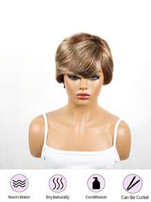 Straight Pixie Cut Wig Human Hair For Women Highlight Bob Wigs Human Hair Glueless Wig None Lace Front Replacement Wig With Bangs Full Machine Made Short Layered For Daily Use #4/27 - S4/27 - View 2